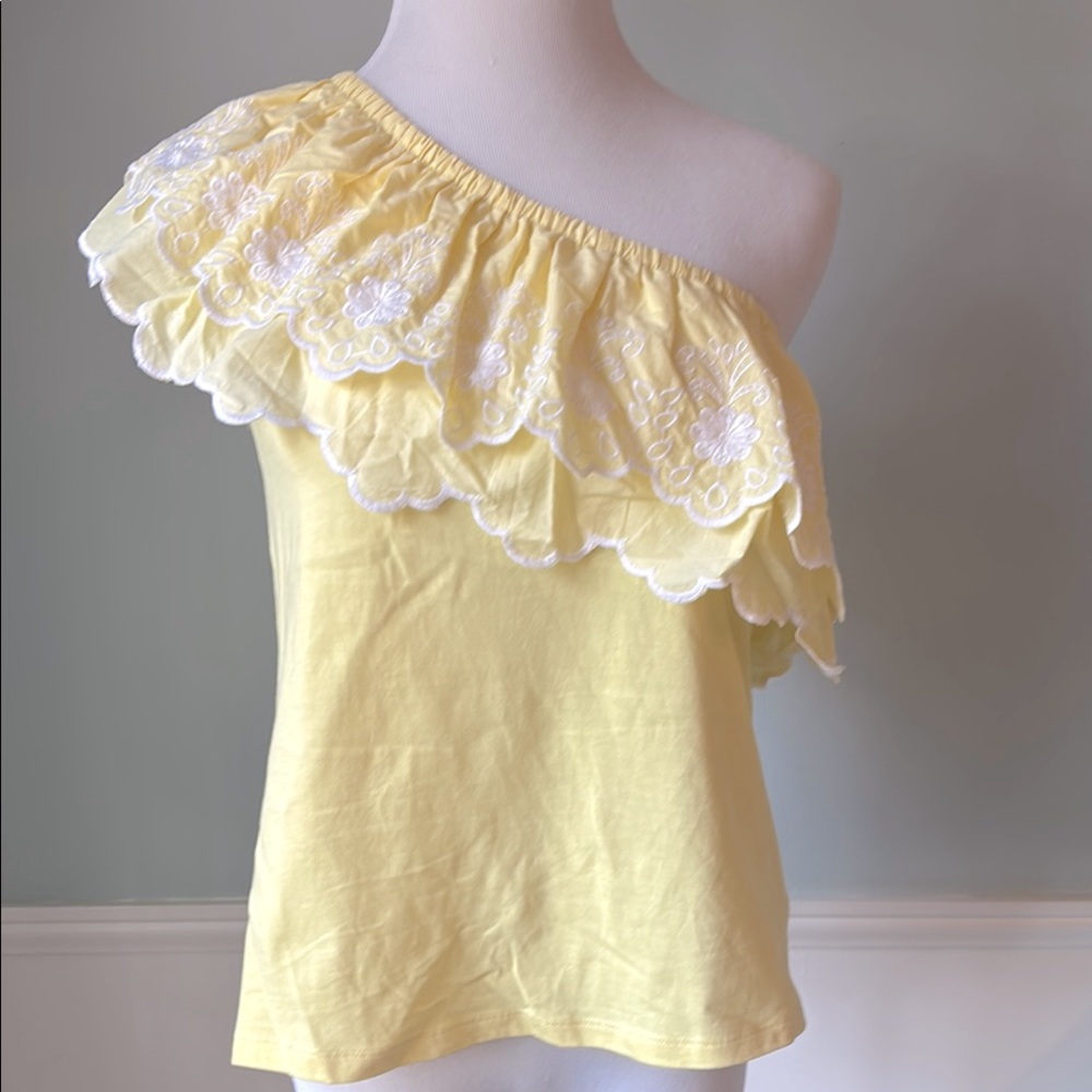 Lilly Pulitzer Yellow Embroidered One Shoulder Ruffled Top